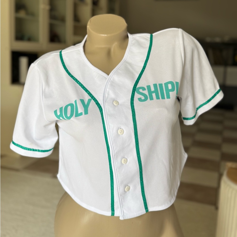 Holy Ship - Shipfam White & Teal Women’s Cropped Top Tee Size: Large